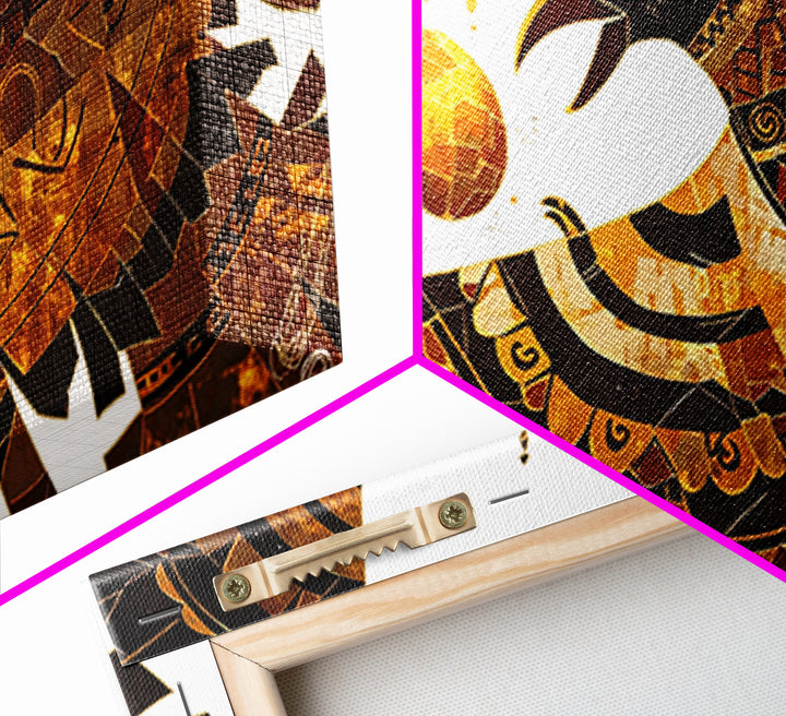 Geometric Black Gold Eagle Holding Sun Orb Canvas Print, African Inspired Abstract Art, Bold Wall Decor, Unique Canvas Gift