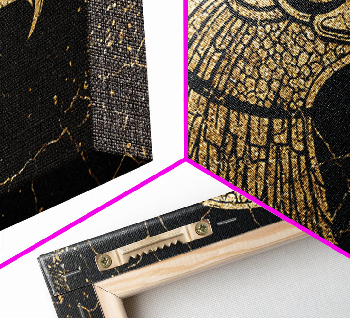 Gold Falcon Head On Black Cracked Stone Canvas Print, African Egyptian Art, Tribal Bird Decor, Luxury Wall Art Gift For Him