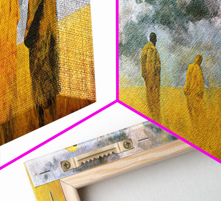 Yellow Robed African Figures Framed Canvas Print, Dreamy Savannah Landscape Wall Art, Cultural Home Decor Gift For Living Room