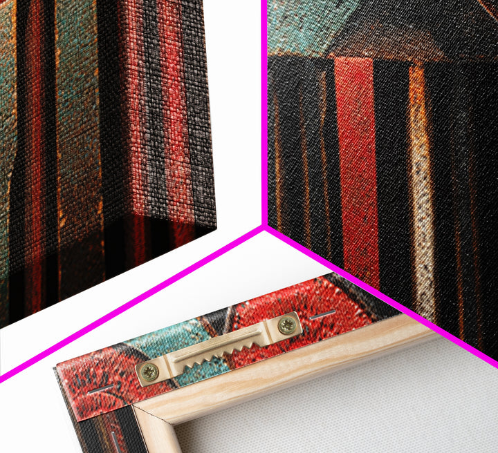 Red Teal Tribal Carved Wood Canvas Print, African Abstract Art, Ethnic Wall Decor, Bold Afrocentric Home Decor Gift For Living Room