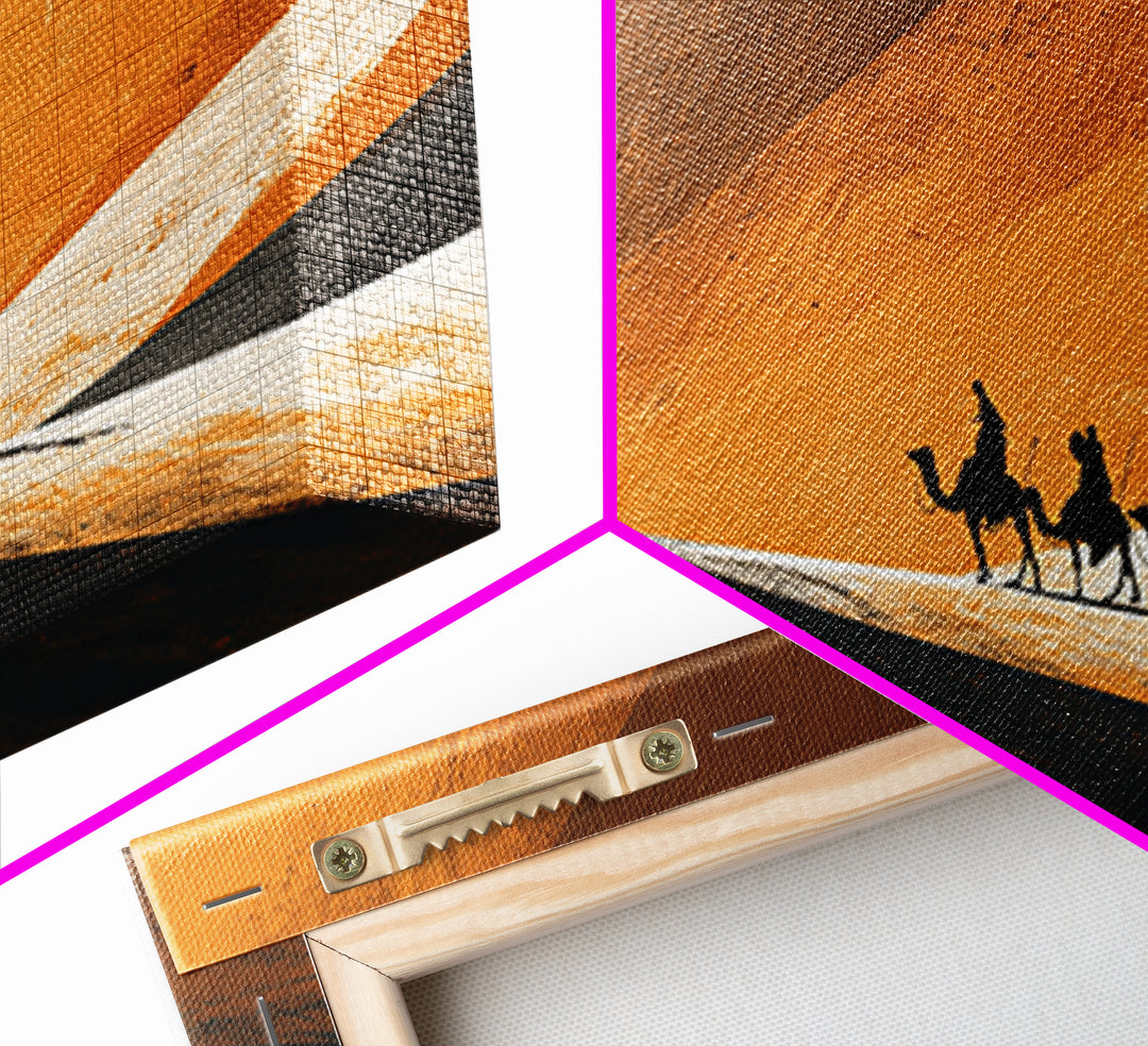 Minimal Camel Riders In Orange Dunes Canvas Print, African Landscape Wall Art, Desert Travel Poster, Earth Tone Decor Gift