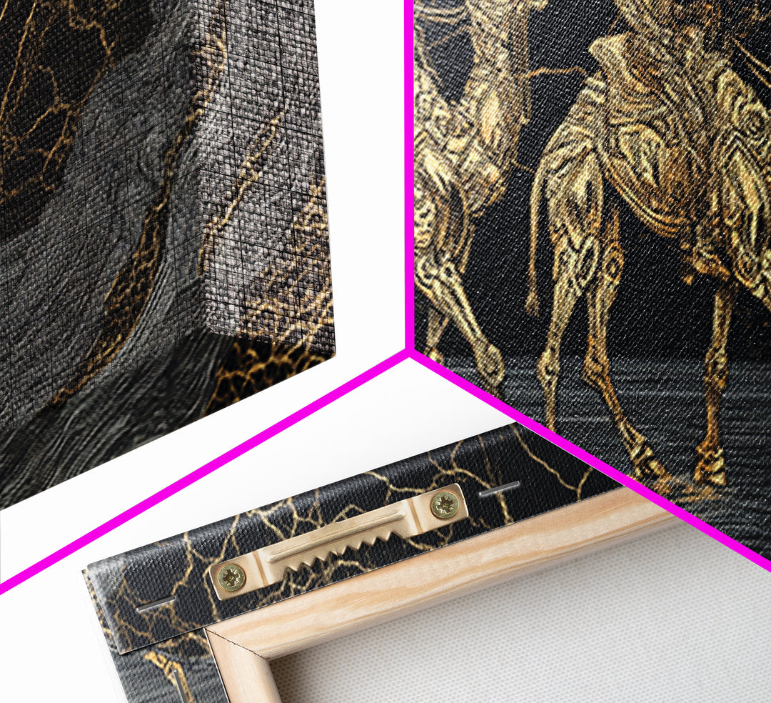 Gold Line Camel Riders Black Marble Wall Art, African Safari Canvas Print, Tribal Desert Decor, Modern Statement Gift For Home