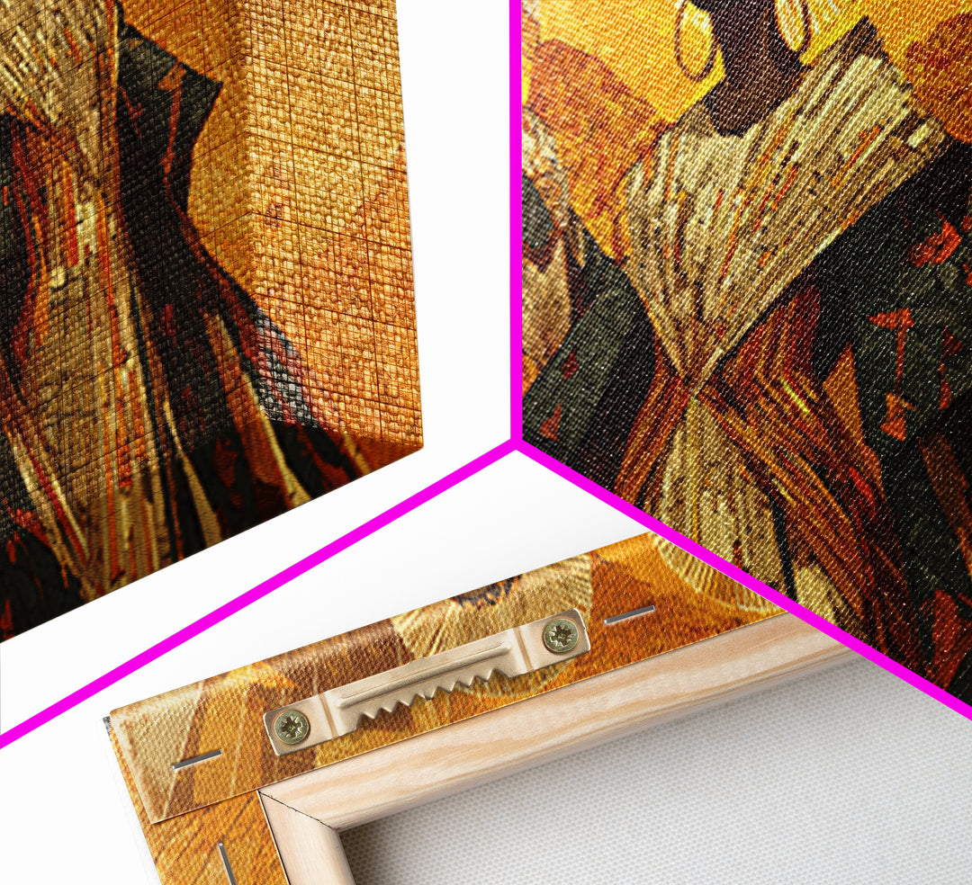 Three Regal African Women In Gold Halos Framed Canvas Print, African Wall Art, Black Queen Portrait, Afrocentric Decor Gift