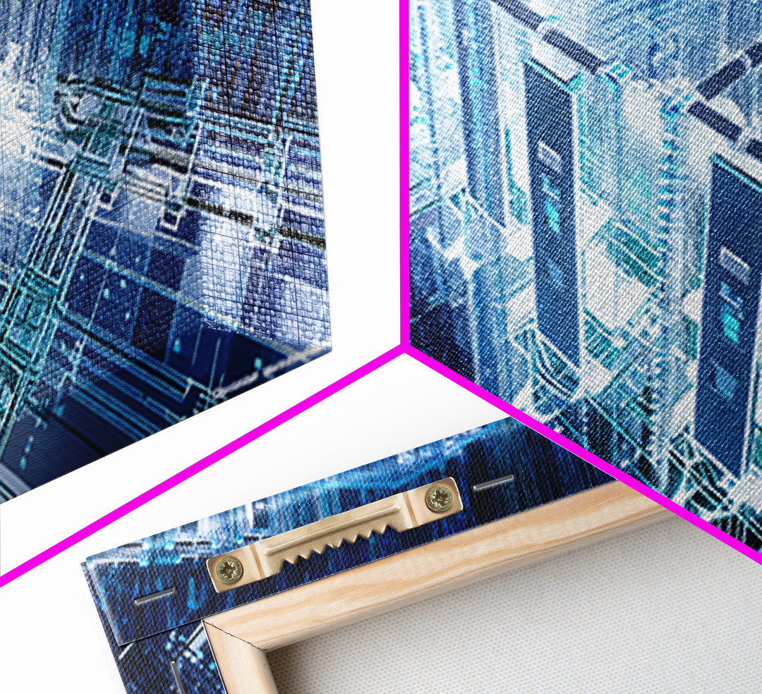 Blue Afrofuturist Data City, Glowing Digital Towers Wall Art, Modern African Abstract, Tech Office Decor, Unique Canvas Gift