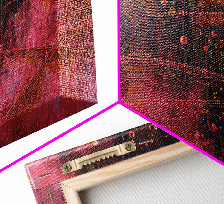 Crimson Circuit Dreamscape With Golden Towers Canvas Print, Modern African Art Abstract, Afrofuturism Decor, Bold Wall Decor