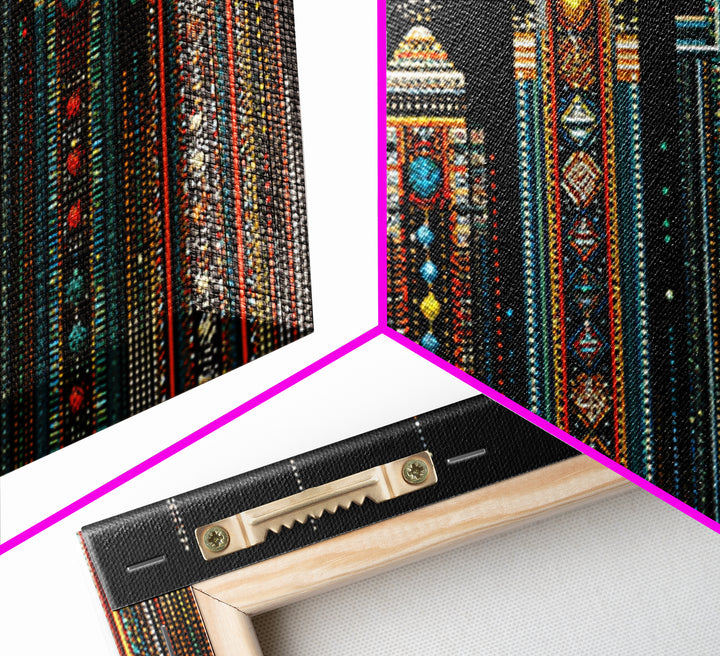 Ornate African Futurist Towers Framed Canvas Print, Tribal Pattern Wall Art, Black Culture Art, Elegant Home Decor, Unique Gift
