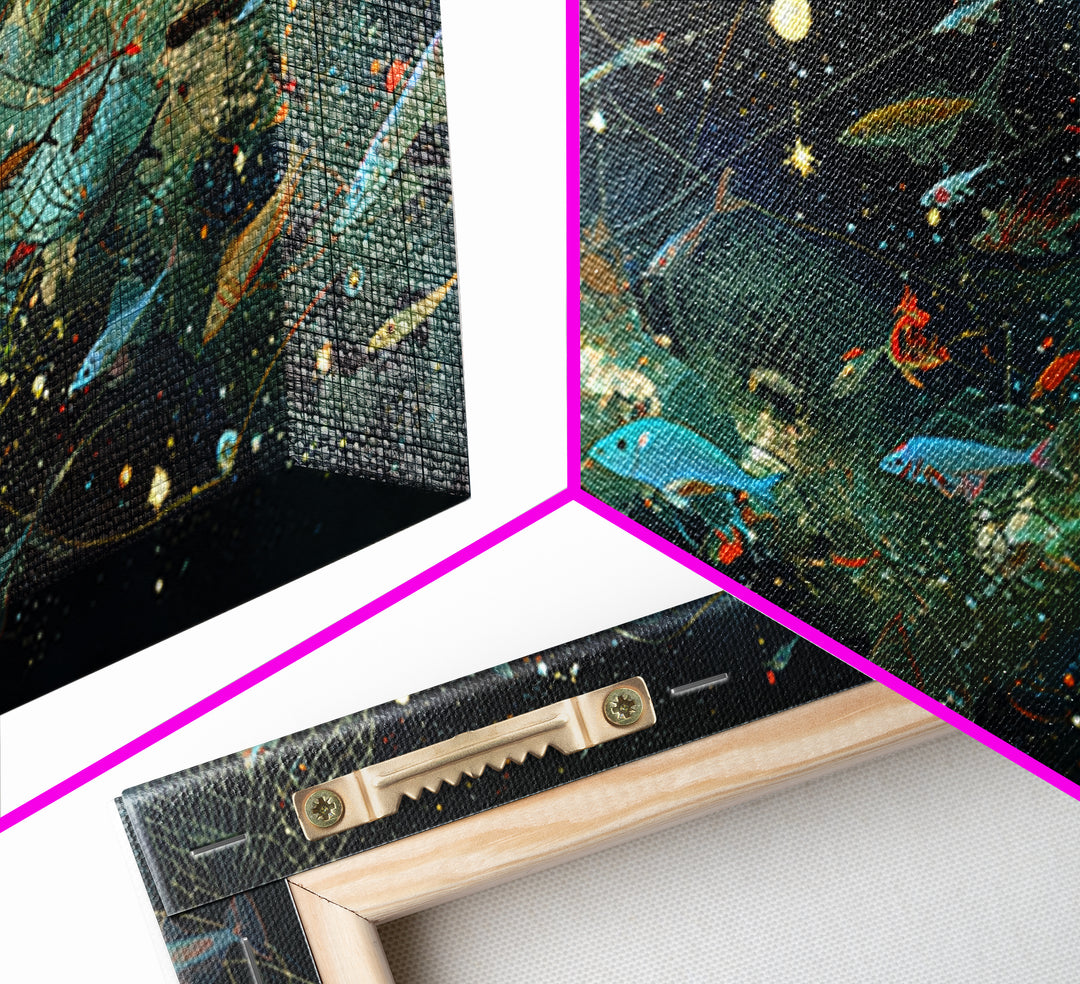 Cosmic Underwater Fish Galaxy Wall Art, Dreamy Ocean Canvas Print, African Inspired Nature Scene Art, Teal Modern Decor Gift