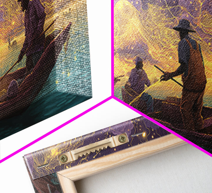 Golden Sunset Fishermen And Glowing Nets Wall Art, African Inspired Landscape, Black Culture Art, Serene Boat Canvas Print