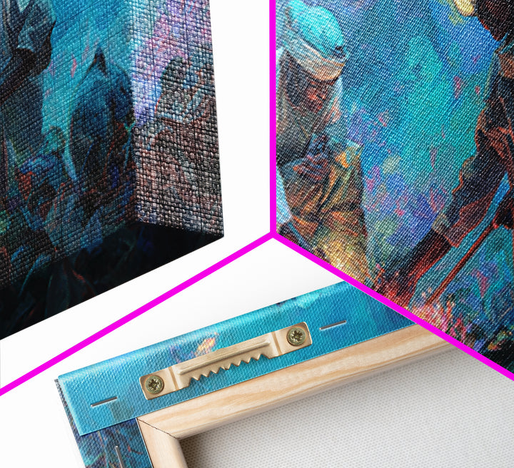 Blue Coral Harvest Divers Framed Canvas Print, African Ocean Wall Art, Contemporary Nature Scene, Unique Home Decor Gift