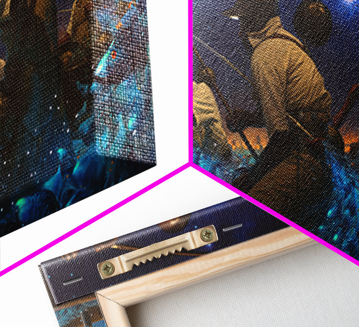 Starlit African Night Fishermen With Glowing Blue Fish Canvas Print, Afrocentric Wall Decor, Black Culture Art, Unique Home Decor