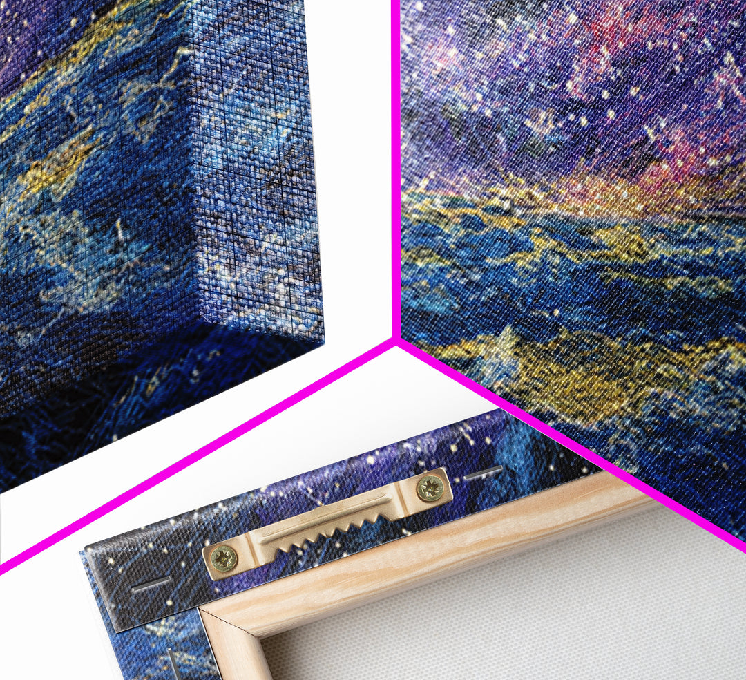 Galaxy Ocean Waves Under Starry Sky Canvas Print, Abstract Wall Art, Blue Gold Seascape, Dreamy Modern Home Decor, Large Decor Art