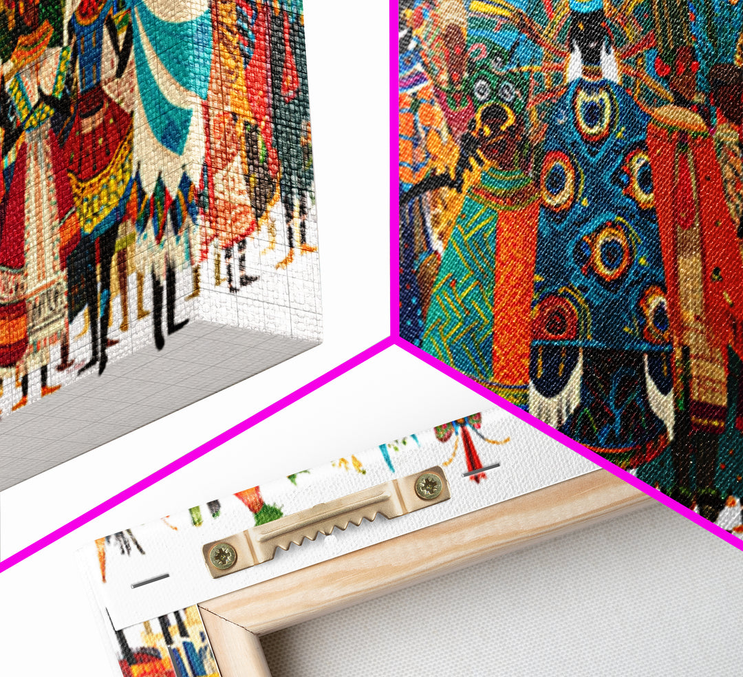 Vibrant African Tribal Festival Crowd With Masks Canvas Print, Afrocentric Wall Art, Colorful African Art, Cultural Decor