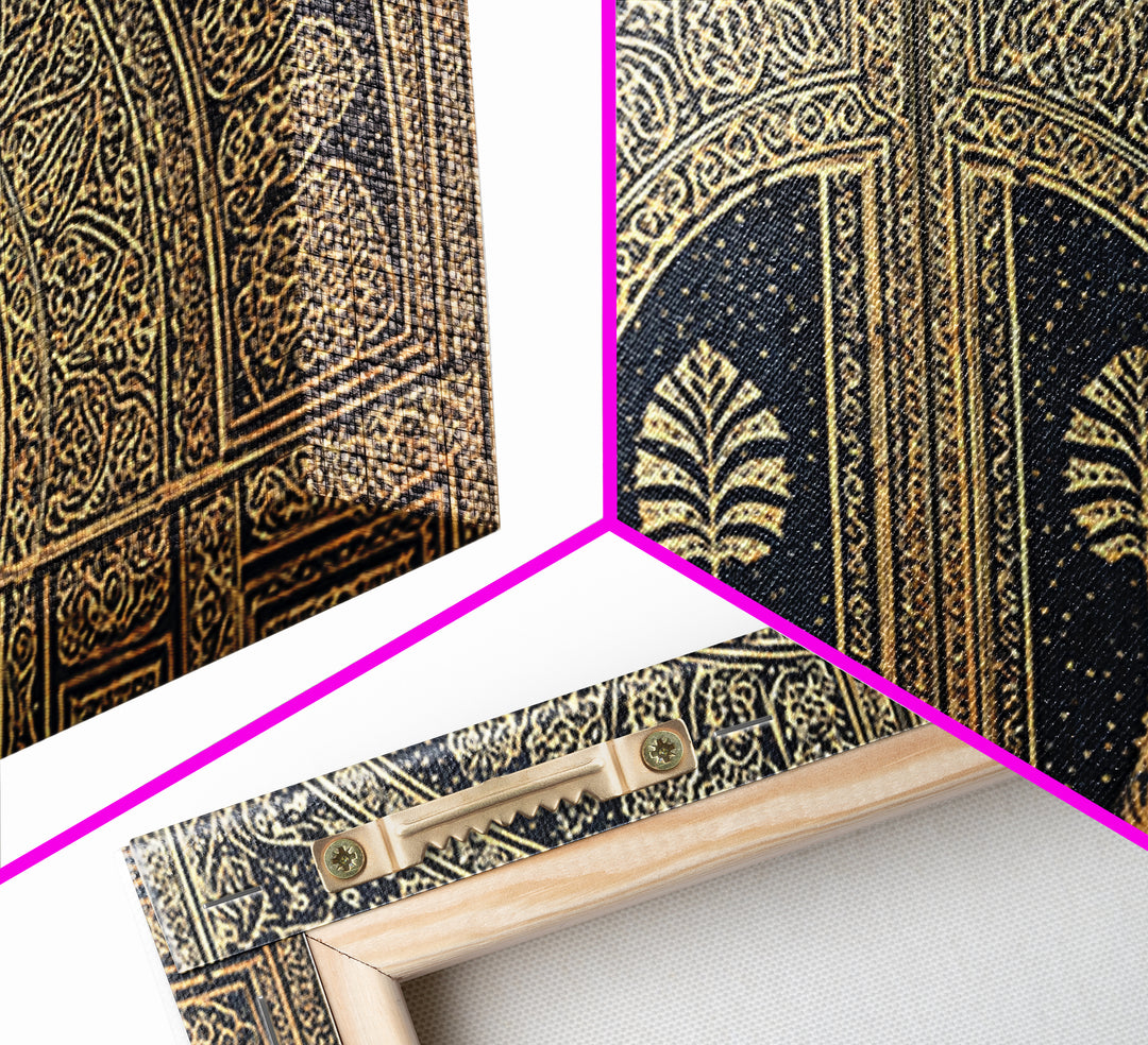 Gold Ornate African Arch Door With Palm Motifs Framed Canvas Print, Moroccan Wall Decor, Cultural Home Decor, Black Gold Art