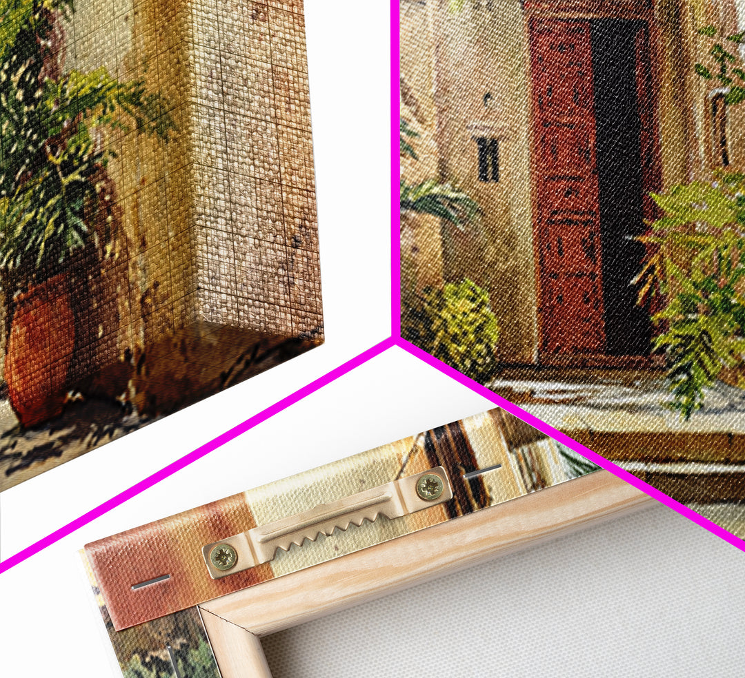 Sunlit African Courtyard With Red Door Wall Art, Tropical Village Painting, African Wall Decor, Boho Home Decor Gift For Her