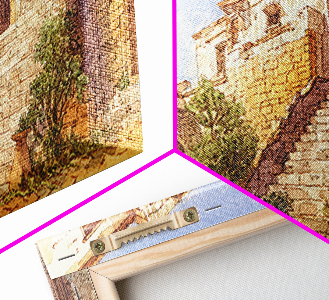 Sunlit Stone Stairway And Arches Framed Canvas Print, African Inspired Architecture Art, Beige Wall Art, Elegant Home Decor