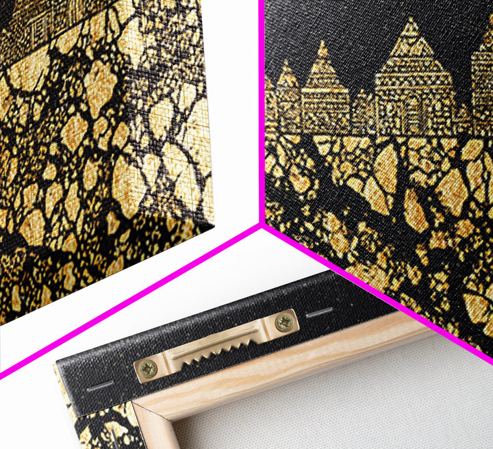 Golden Tribal Village Under Stars Canvas Print, African Tribal Art, Black And Gold Art, Cultural Wall Decor, Statement Piece