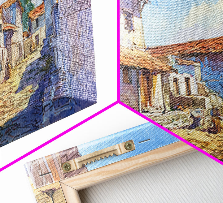 Sunlit African Village Street Wall Art, Rustic Blue Houses Painting, African Landscape, Cultural Home Decor, Large Wall Art