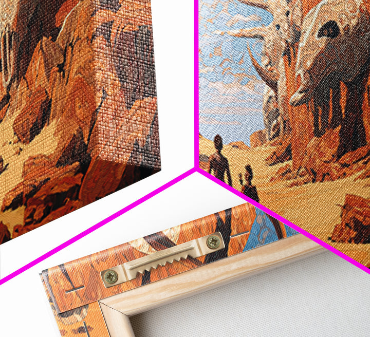 African Desert Canyon With Horned Skulls Wall Art, Tribal Journey Painting, African Warrior Art, Rustic Safari Decor Gift
