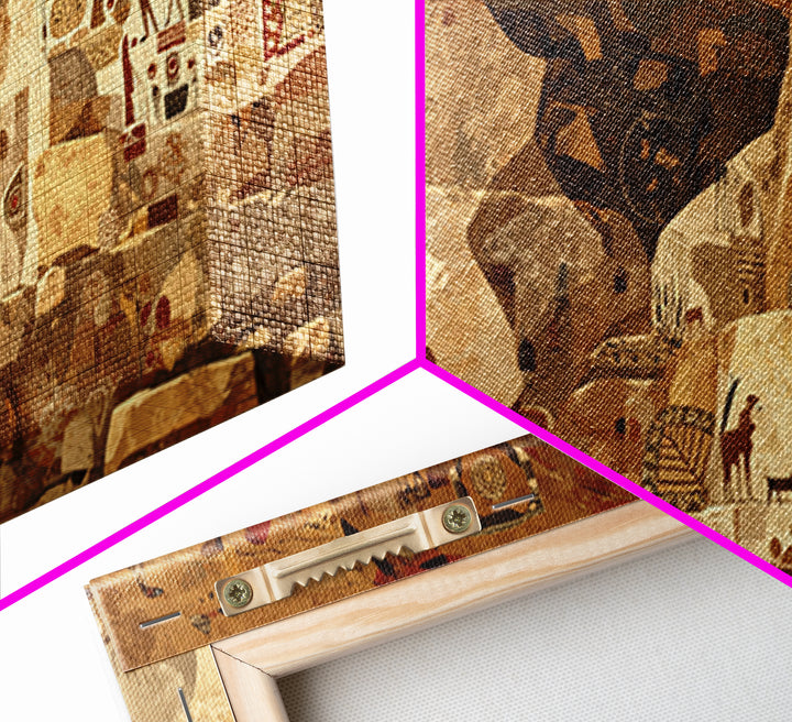Ancient Sahara Cave Mural With Tribal Animals Wall Art African Safari Art, Earth Tone Cultural Decor For Living Room Statement Piece
