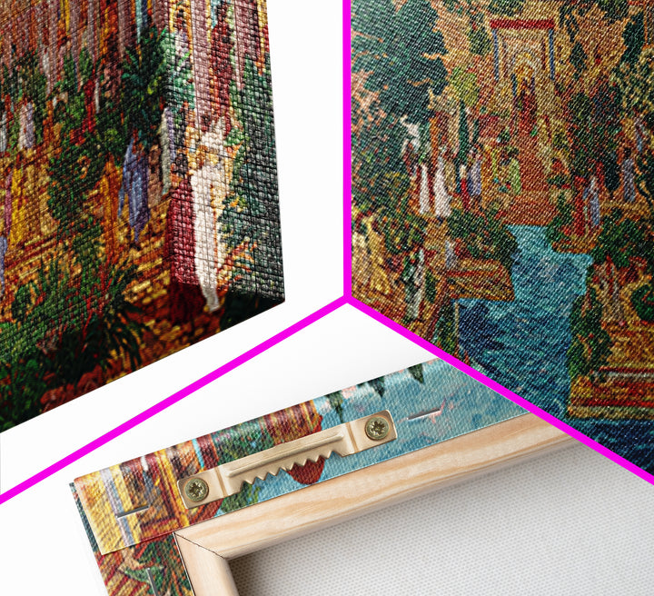 Lush Palace Garden With Arches And Pool Framed Canvas Print, African Inspired Wall Art, Elegant Cultural Home Decor Gift