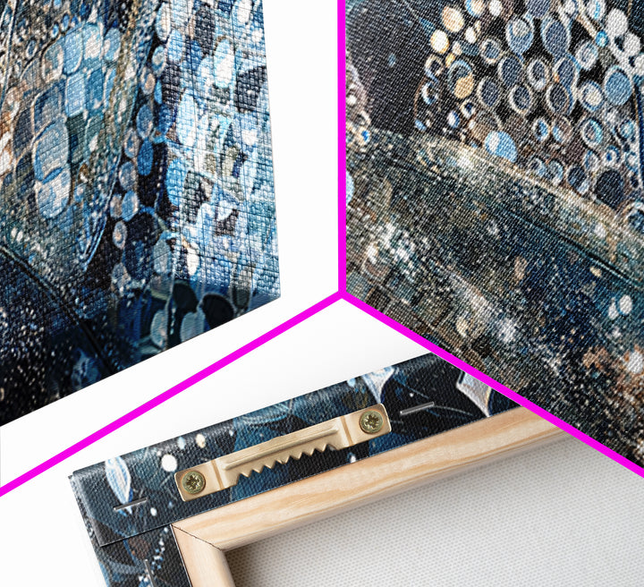Jeweled Blue Silver Crowns And Stars Canvas Print, Abstract Wall Art, Luxury Black Gold Decor, Dreamy Modern Gallery Gift