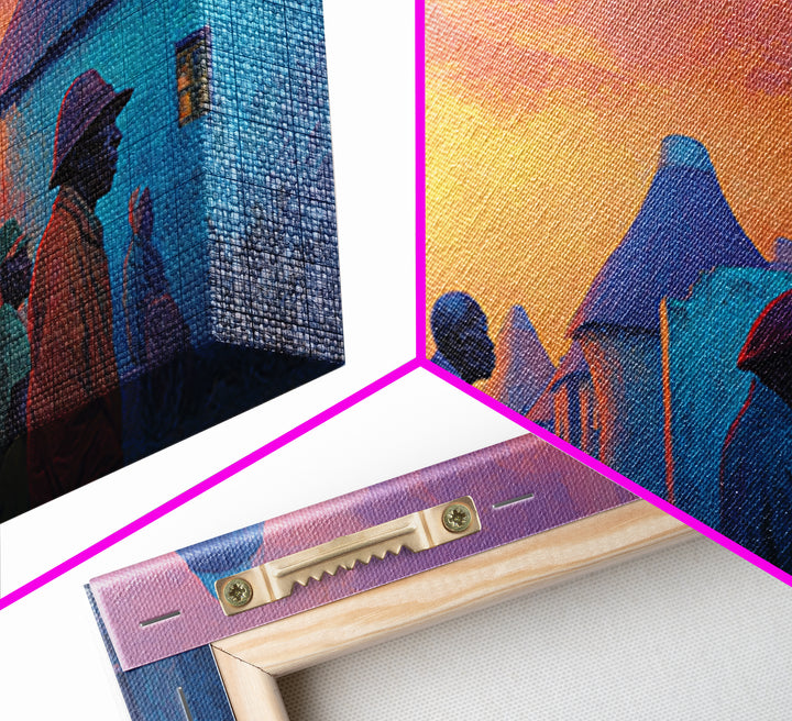 Blue Round Huts At Fiery Sunset Wall Art, African Village Painting, Afrocentric Decor, Cultural Landscape Canvas Print Gift