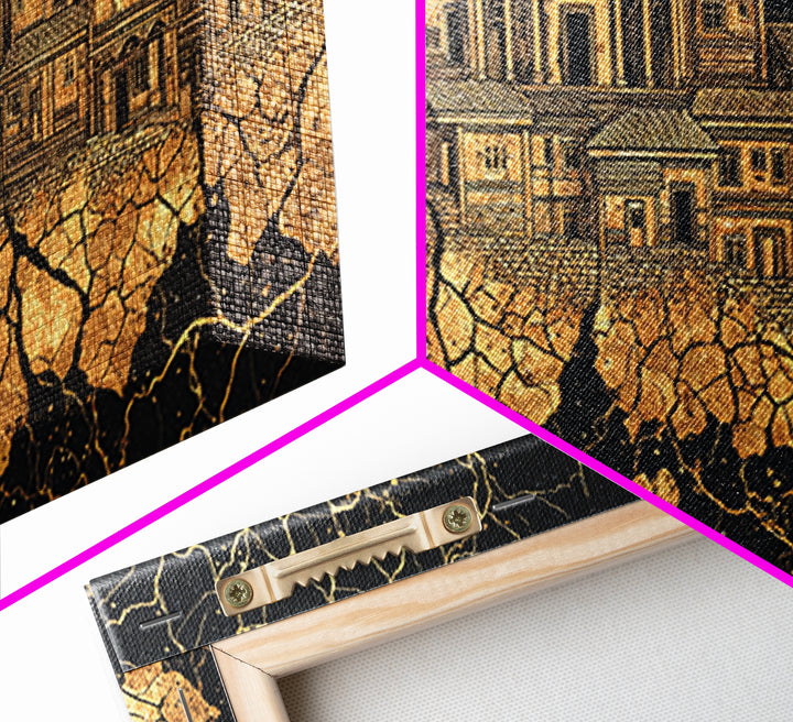 Golden Ancestral Palace On Cracked Stone, Luxury African Wall Art, Black Gold Architecture, Statement Living Room Decor Gift