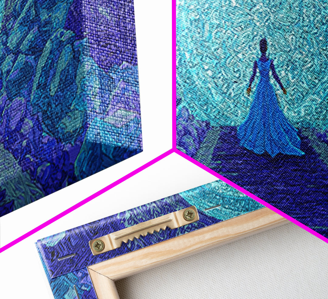Blue Goddess Before Luminous Moon And Stone Stairway Framed Canvas Print, Mystical Wall Art, Spiritual Afrocentric Bedroom Decor Gift