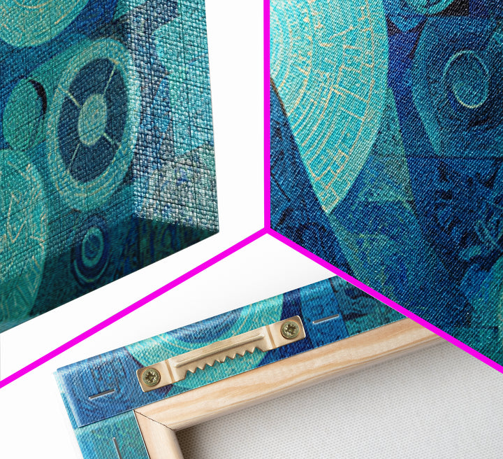 Blue Gown African Woman With Geometric Circles Canvas Print, Modern Afrocentric Wall Art, Elegant Feminine Home Decor Gift
