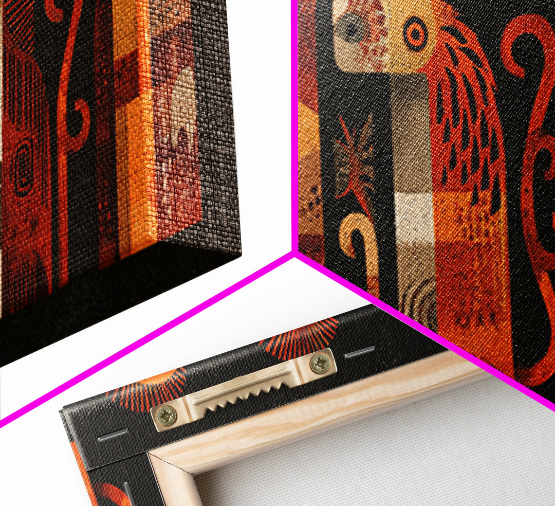 Orange Tribal Bird And Animal Figures Canvas Print, African Inspired Wall Art, Boho Geometric Safari Home Decor, Mid Century Gift