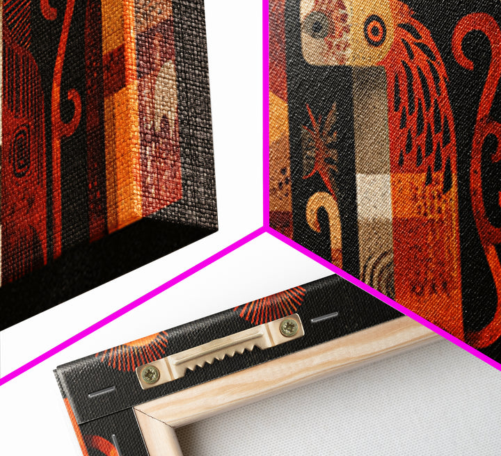 Orange Tribal Bird And Animal Figures Canvas Print, African Inspired Wall Art, Boho Geometric Safari Home Decor, Mid Century Gift