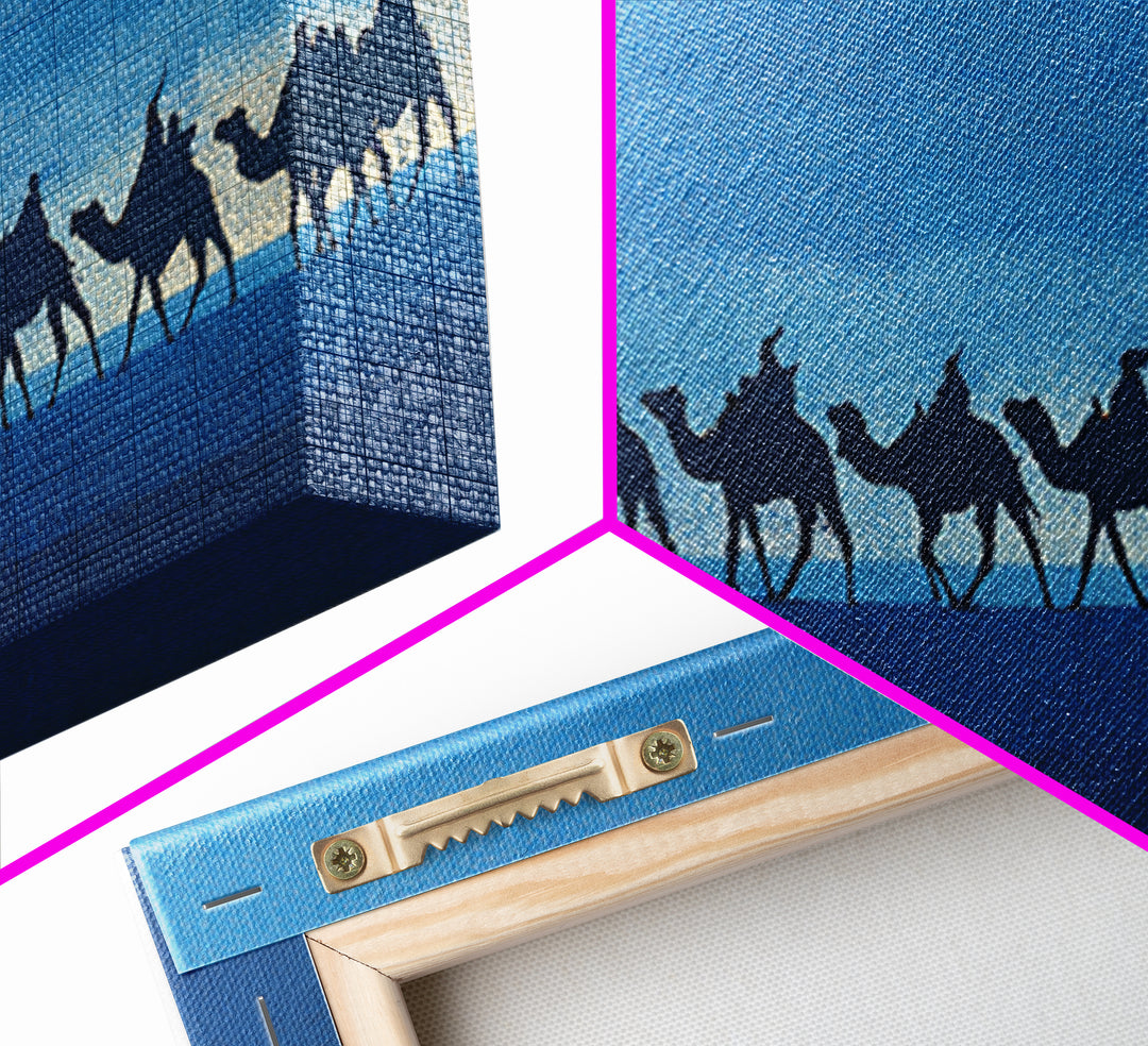 Blue Desert Camel Caravan Silhouette Wall Art, African Safari Print, Nomad Travel Decor, Modern Blue Landscape Poster Gift