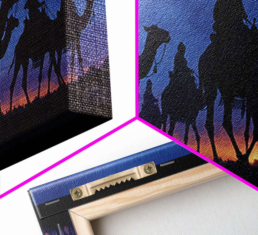 Twilight Camel Caravan Silhouette Framed Canvas Print, African Travel Wall Decor, Blue Desert Nomad Landscape Art Gift For Him