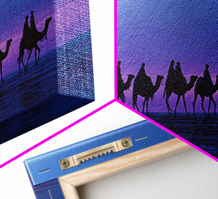 Purple Sunset Camel Caravan Canvas Print, African Safari Wall Art, Coastal Desert Silhouette Decor, Boho Travel Gift Idea