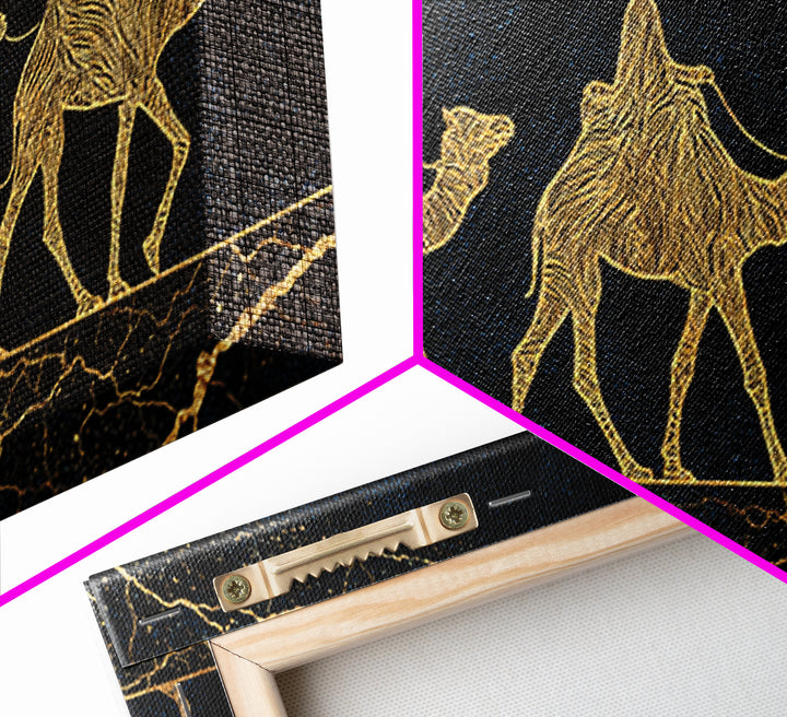 Gold Line Camel Caravan Wall Art, Black And Gold African Safari Print, Desert Nomad Decor, Luxury Canvas Style Gift For Her