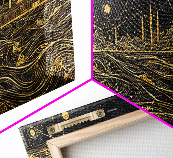 Gold Moon Mosque Skyline Canvas Print, Black And Gold Wall Art, Moroccan Travel Decor, Mystical Night Landscape Gift Idea