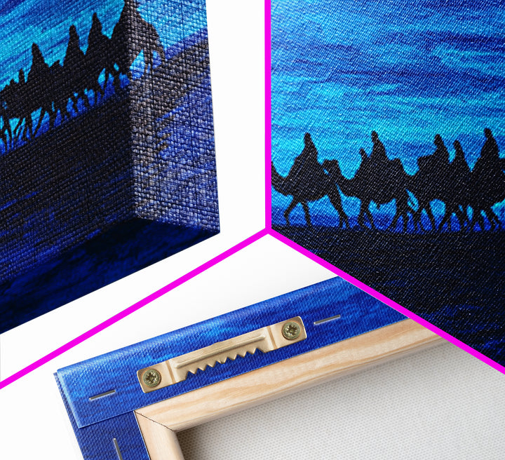 Deep Blue Camel Caravan Silhouette Wall Art, African Safari Poster, Desert Travel Decor, Modern Landscape Canvas Gift Idea