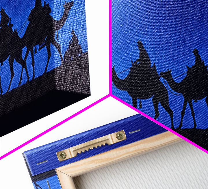 Cobalt Camel Caravan Silhouette Canvas Print, African Wall Art, Minimalist Desert Travel Decor, Blue Nomad Art Gift For Him