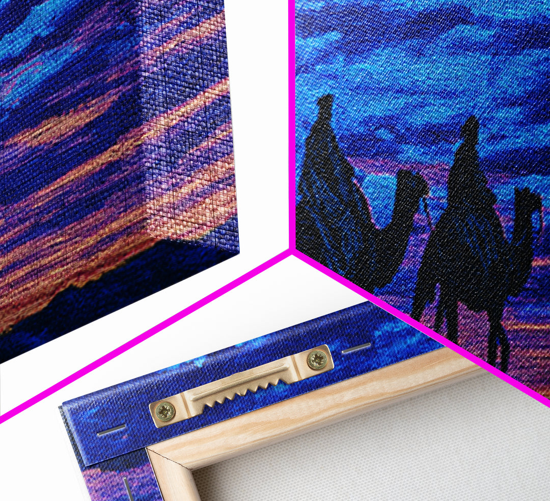Textured Blue Sunset Camel Caravan Wall Art, African Safari Print, Purple Desert Silhouette Decor, Dreamy Travel Gift Idea