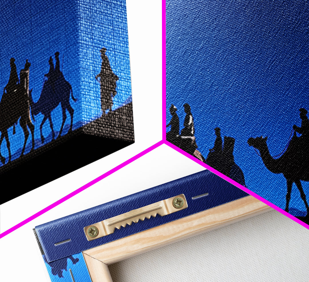 Bright Blue Camel Caravan Journey Silhouette Canvas Print, African Safari Wall Art, Desert Nomad Decor, Travel Gift For Him