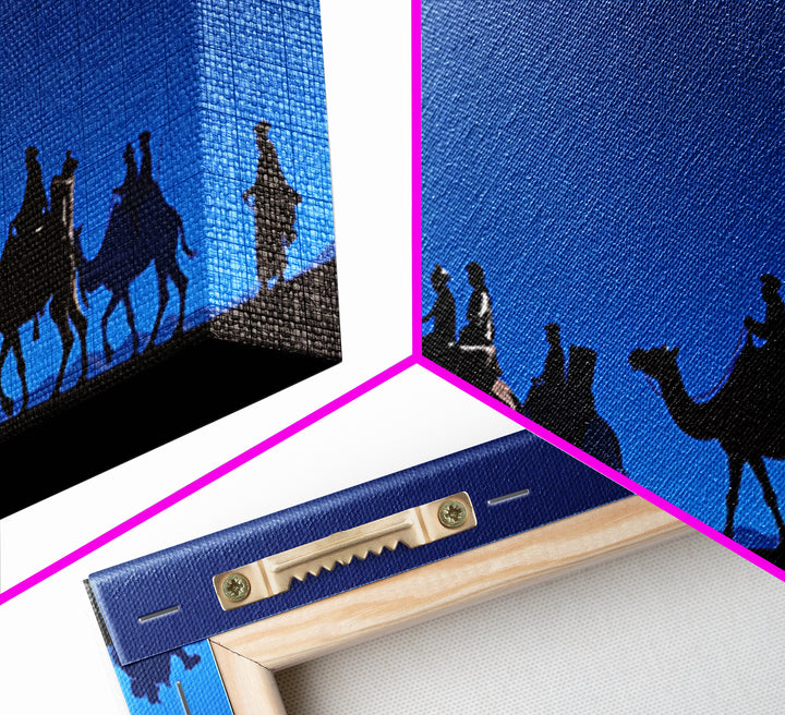 Bright Blue Camel Caravan Journey Silhouette Canvas Print, African Safari Wall Art, Desert Nomad Decor, Travel Gift For Him
