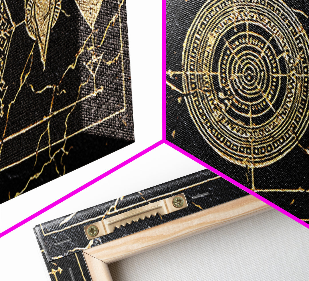 Black Gold African Geometric Symbols Framed Canvas Print, Tribal Pattern Wall Decor, Afrocentric Luxury Abstract Art Gift
