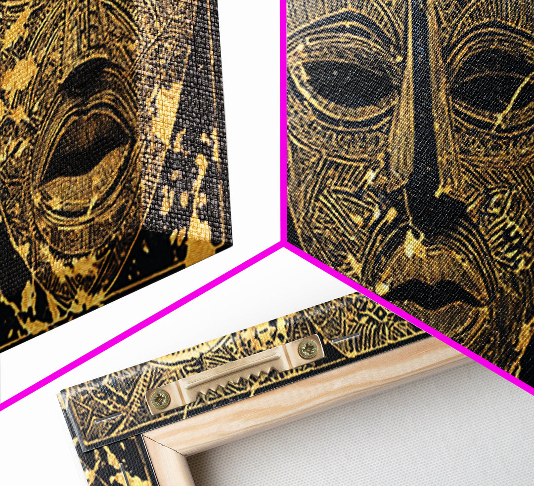 Golden African Tribal Masks Canvas Print, Abstract Mask Art, Afrocentric Wall Decor, Black And Gold Cultural Home Decor Gift