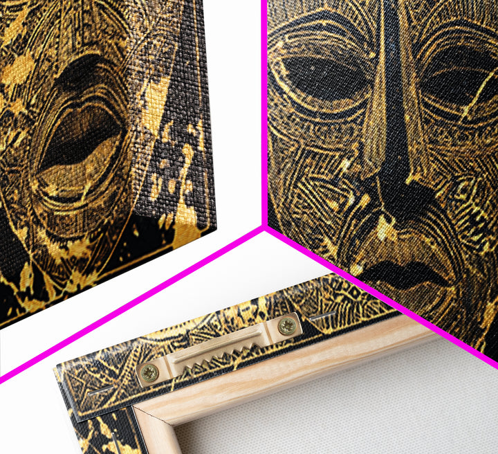 Golden African Tribal Masks Canvas Print, Abstract Mask Art, Afrocentric Wall Decor, Black And Gold Cultural Home Decor Gift
