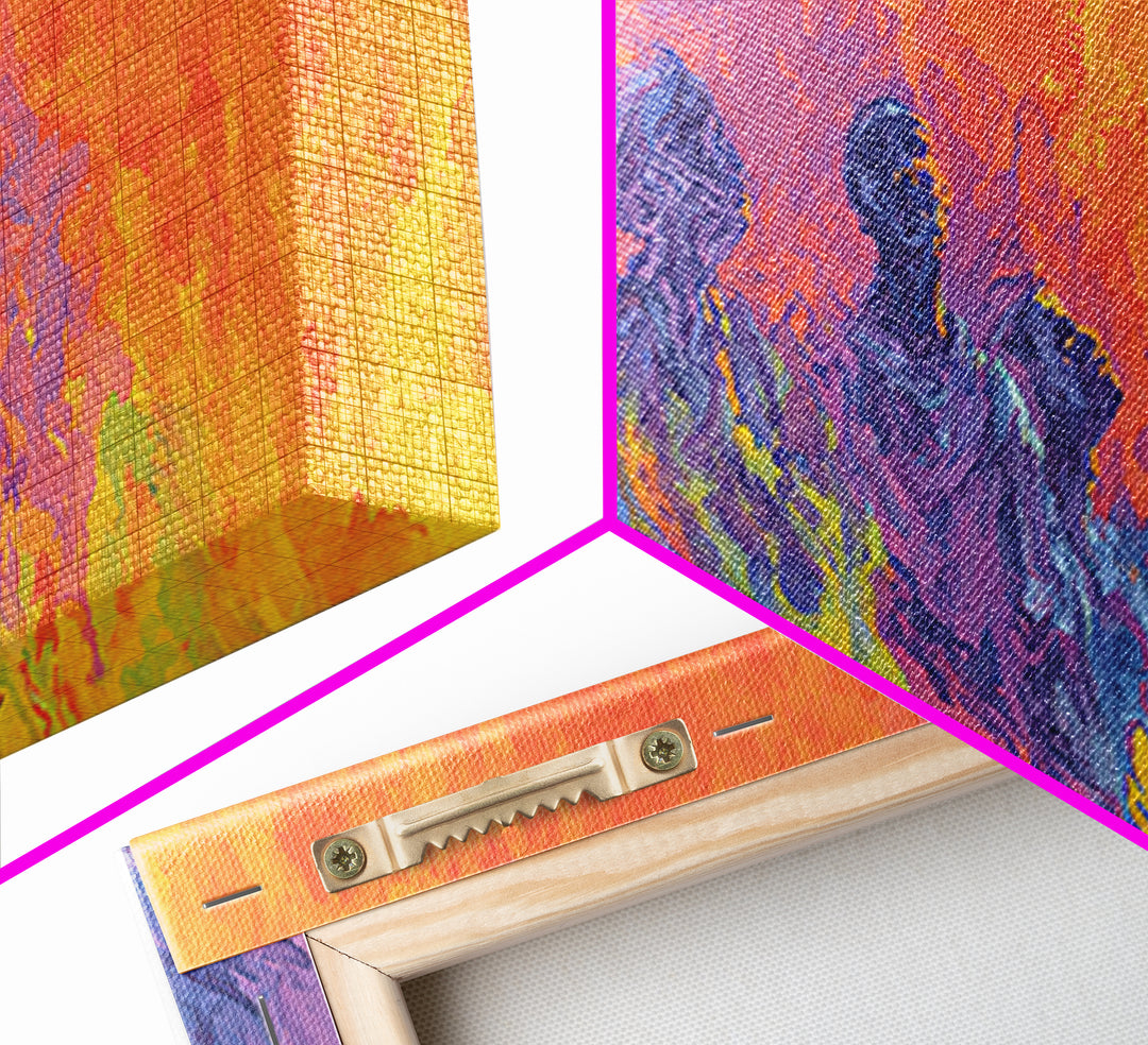Blue Ancestral Figures By Fire Wall Art, Abstract African Art, Spiritual Cultural Painting, Orange And Purple Decor Gift