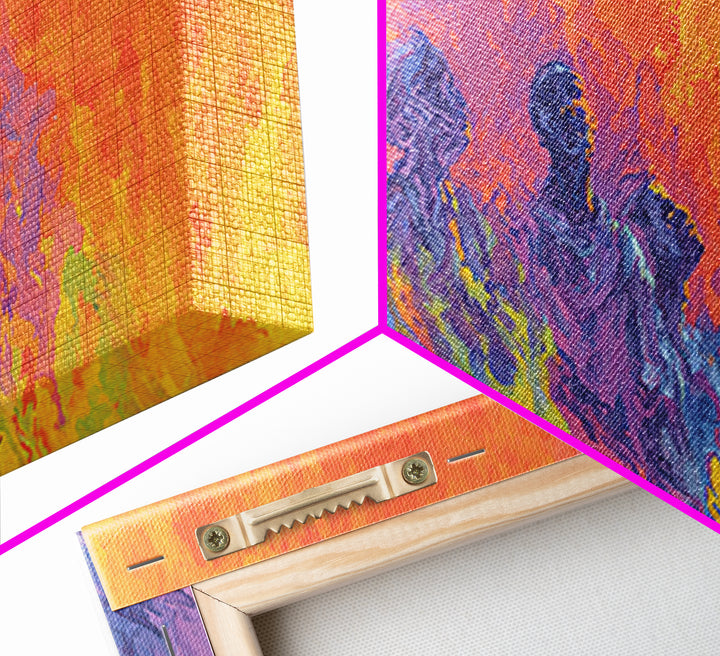 Blue Ancestral Figures By Fire Wall Art, Abstract African Art, Spiritual Cultural Painting, Orange And Purple Decor Gift