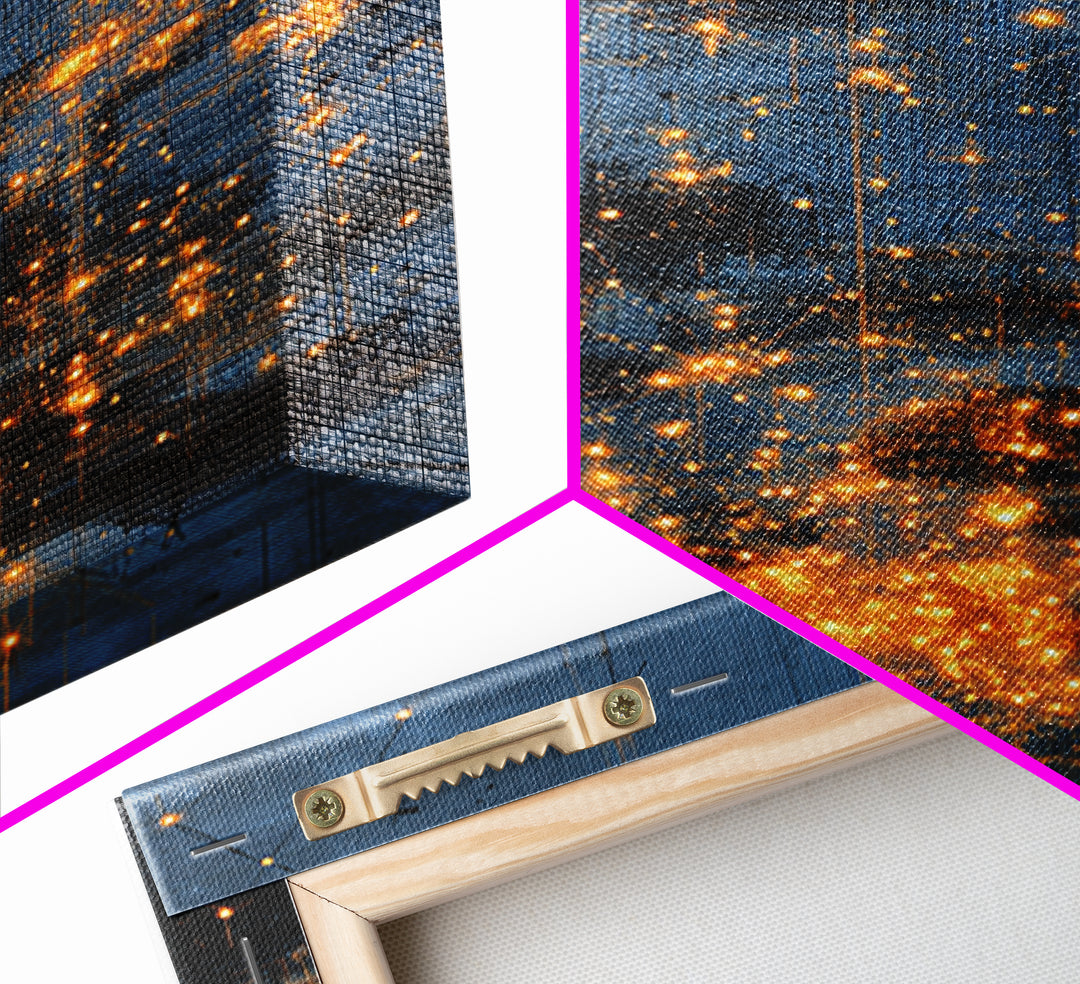 Blue Abstract City Lights Wall Art, Gold Spark Modern Canvas Print, Urban Office Decor, Dreamy Digital Art Luxury Home Gift