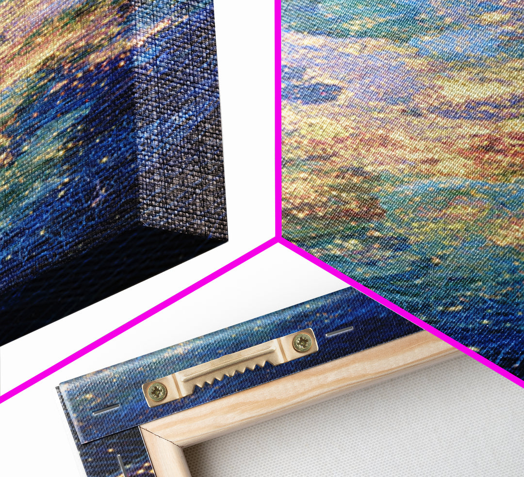 Celestial Ocean Abstract Wall Art, Blue Gold Starry Canvas Print, Dreamy Nature Scene Art, Modern Luxury Home Decor Gift