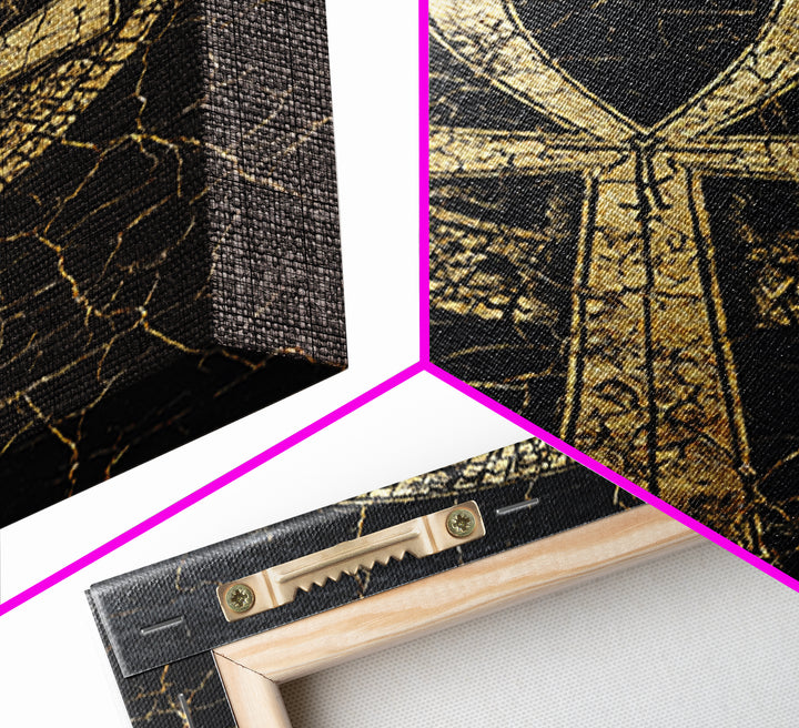 Gold Ankh Symbol On Cracked Black Framed Canvas Print, African Egyptian Art, Spiritual Wall Art, Black And Gold Design Gift