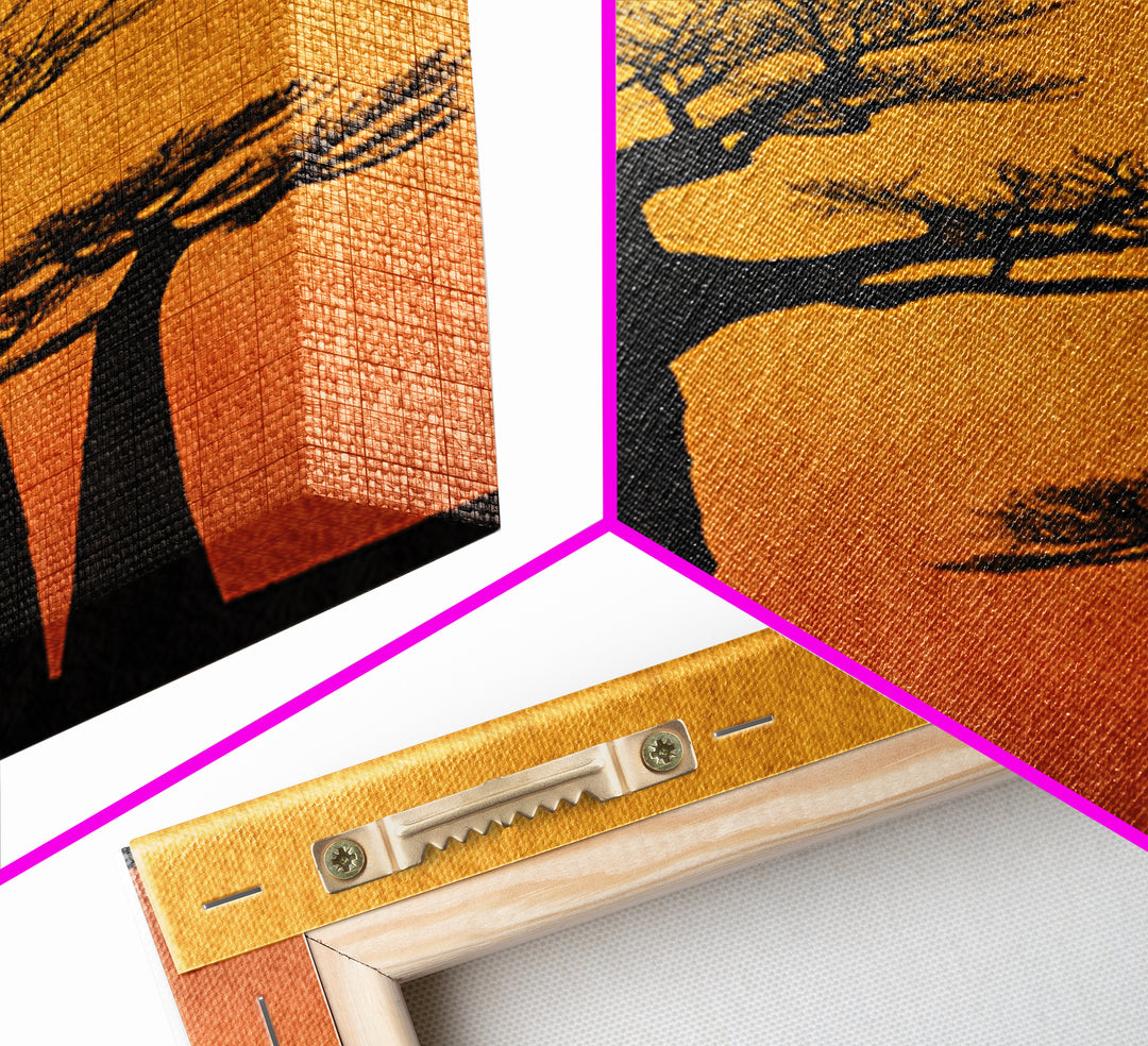 Black Baobab Silhouettes At Orange Sunset Canvas Print, African Tree Wall Decor, Minimalist Safari Art, Warm Boho Home Decor